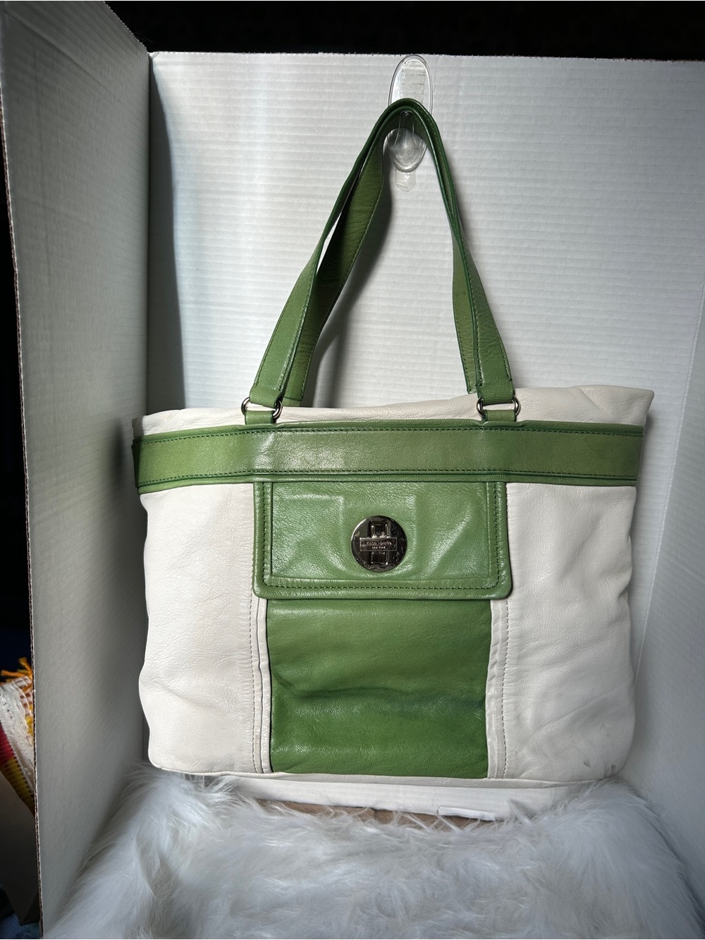 Kate Spade Green and White Leather Tote Bag
